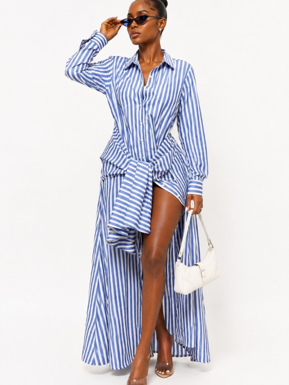 Striped Woven Shirt Tie Waist Maxi Dress